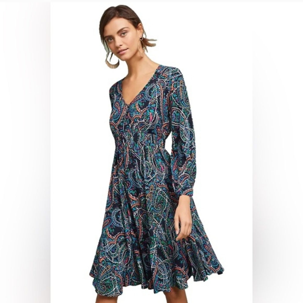 Anthropologie x Maeve Colorful Paisley Floral Long Sleeve V-neck A-line Dress XL